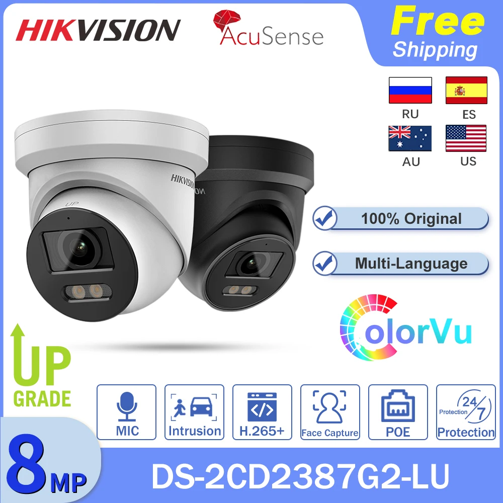 

Оригинальная камера Hikvision DS-2CD2387G2-LU 8 МП 4K ColorVu AcuSense черная револьверная сетевая камера видеонаблюдения со встроенным микрофоном POE H.265 + IP67