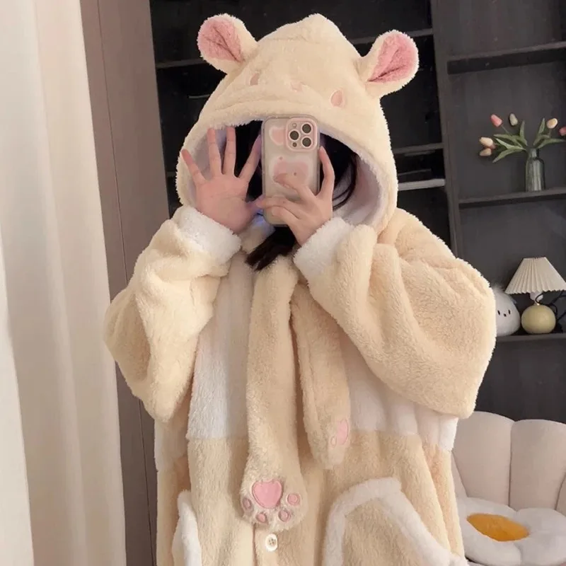 

Autumn Winter Kawaii Cartoon Pajama Women Coral Velvet Warm Long Bathrobe Loungwear Sleepwear Girl Cute Hooded Homewear PJ Robe