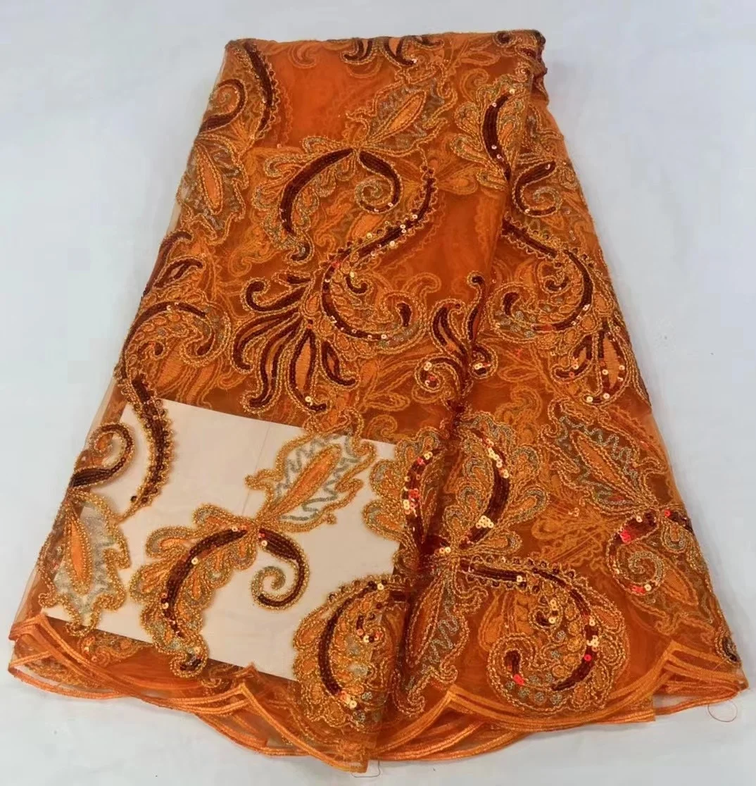 

Orange high quality african lace fabric 2022 embroidery french net lace with sequins for evening party dress