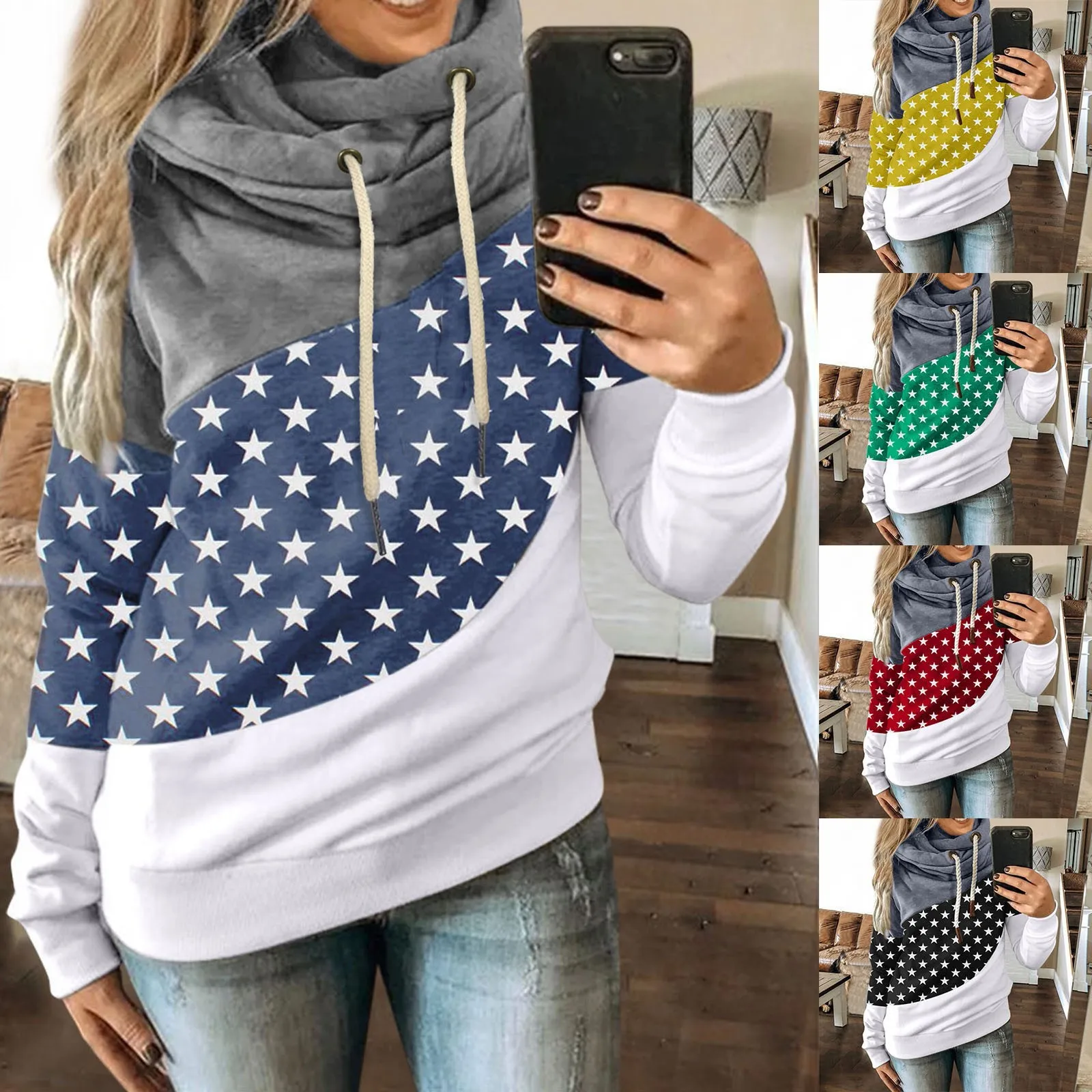 

2023 Women Autumn Winter Hoodie Color Block Patchwork Autumn Winter Long Sleeve Drawstring Hooded Sweatshirt for Daily Wear