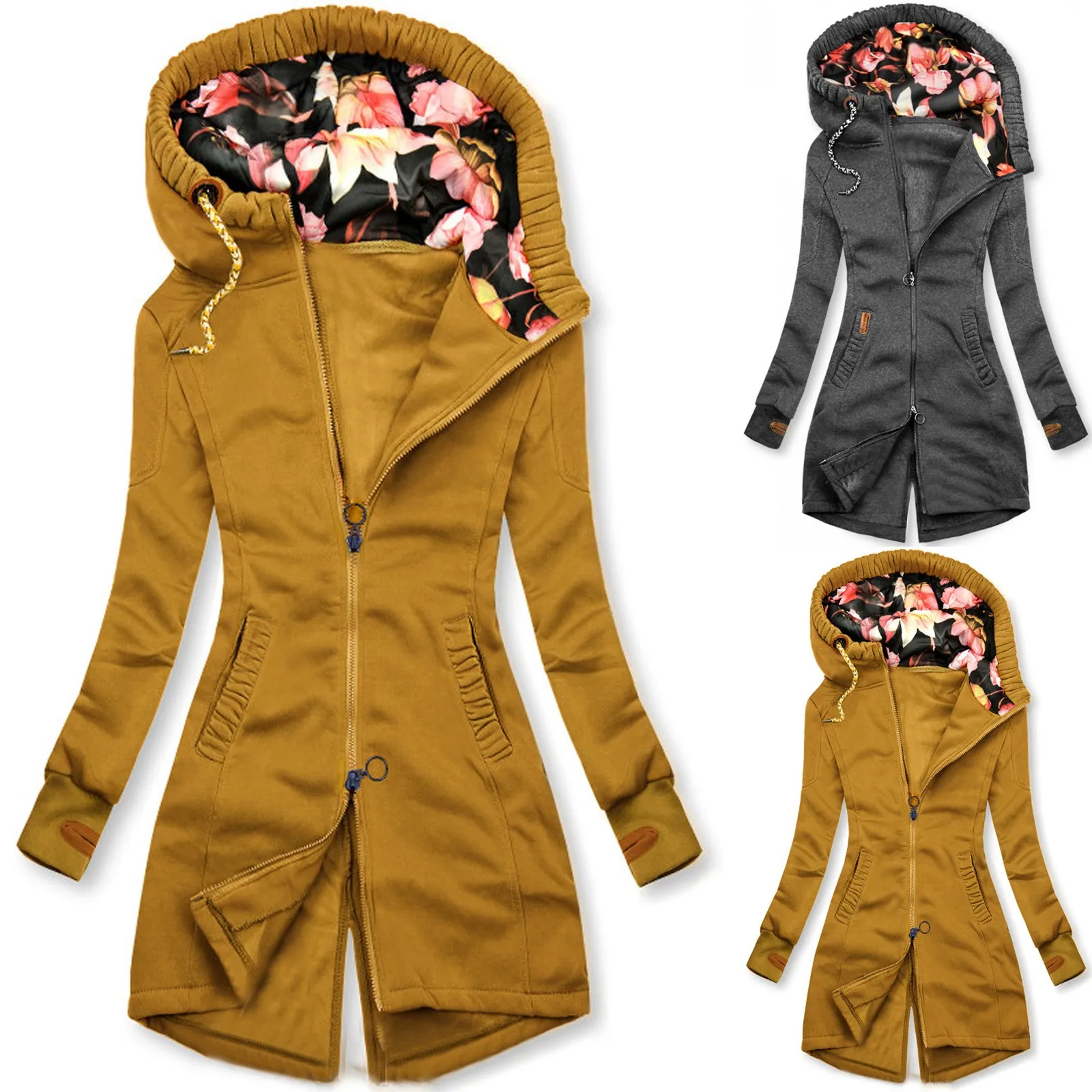 

Autumn Fashion Women Warm Jacket Casual Warm Overcoat Printed Hooded Turtleneck Zipper Pocket Jacket No Holes Sweatshirt