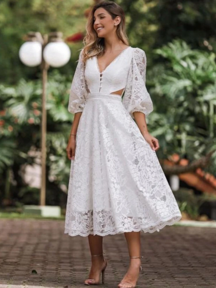 

GypsyLady Elegant Lace Midi Dress Vintage Chic Summer Women Party Dress Lantern Sleeve Hollow Out Ladies Woman Dress Vestidos
