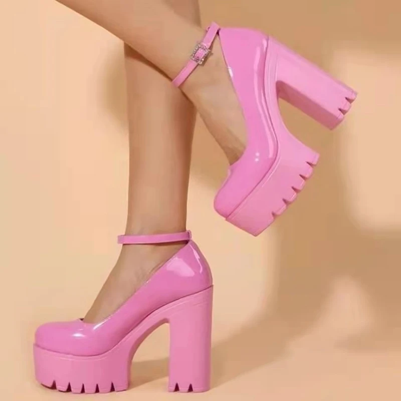 

Chunky Heeled Ankle Strap Pumps Sweet Platform Pink Square Heel Woman High Heels Pumps Platform Shoes 2022 Summer Women's Shoes