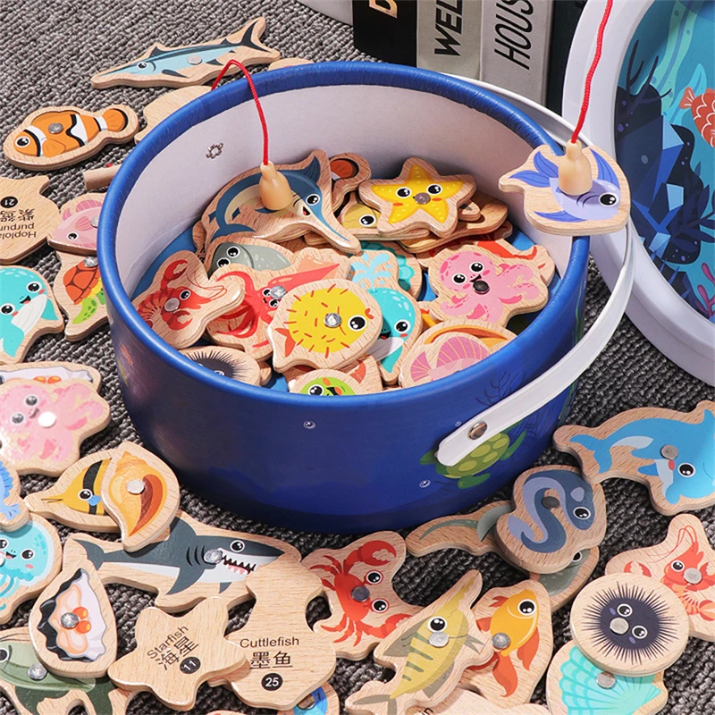 

Magnetic Fshing Game Wooden Cartoon Marine Life Cognition Fish Rod Toys for Children Early Educational Parent-child Interactive