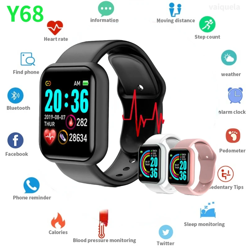

D20 Sport Smartwatch Men Women Bluetooth Heart Rate Blood Pressure Monitor Waterproof Y68 Smart Watch Kids Watch For Android IOS