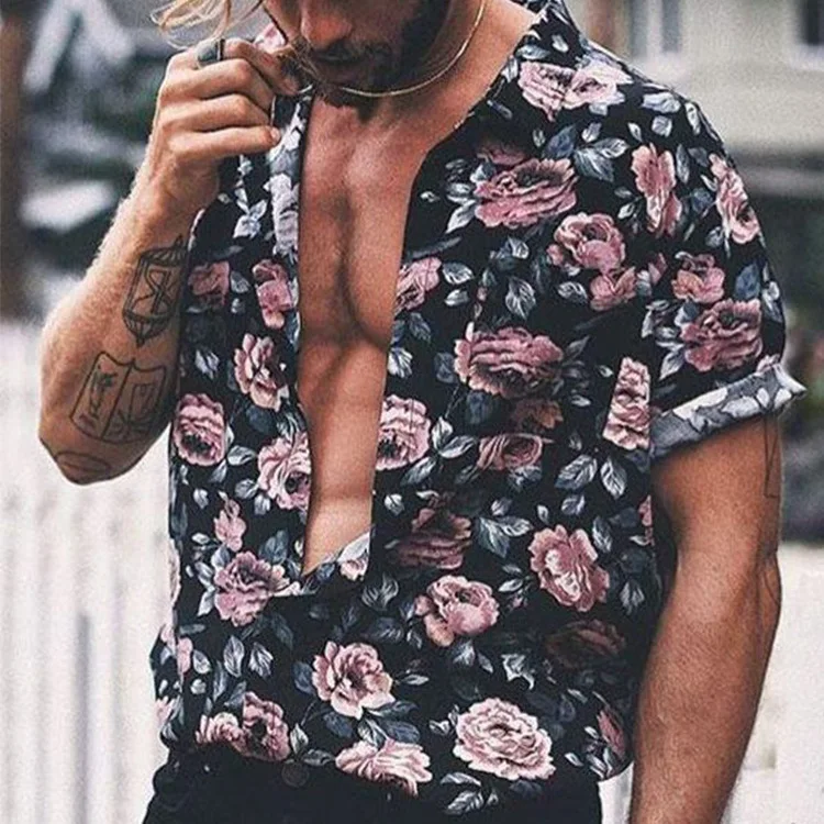 

Summer Men's Clothing Shirts Rose Print Polyester Casual T-shirt Short-Sleepy Lapel Shirt Beach Plus Size Top Turndown Collar