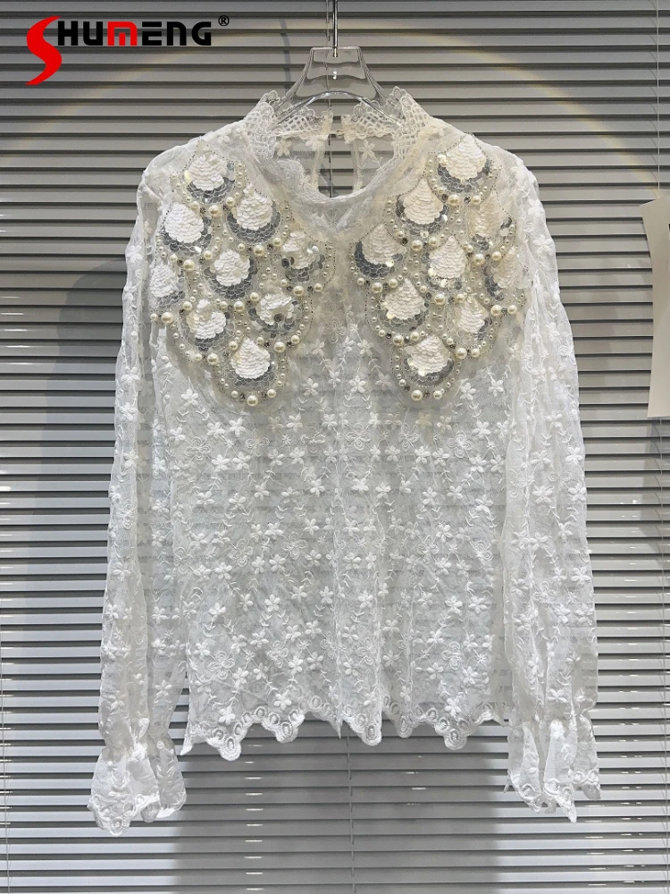 

Sequin Bead Half Turtleneck Flared Long Sleeve White Lace Shirt Women 2023 Spring Autumn Commute Style Mesh Crocheted Blouse