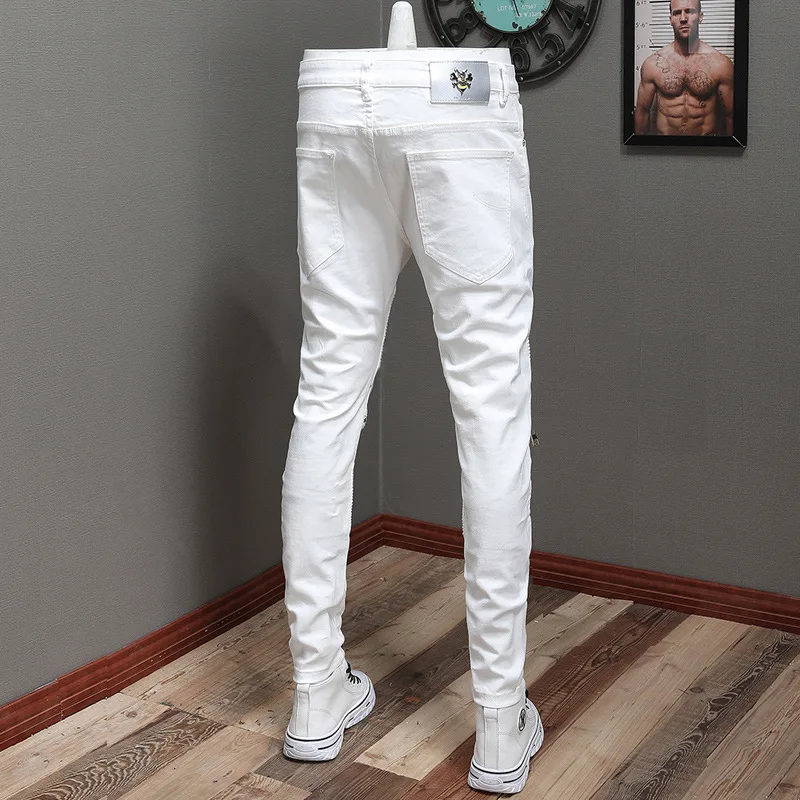 Tide Brand High Street Personality Stitching Youth White Motorcycle Riding Pants Jeans Zipper Style Trendy Men'S Trousers