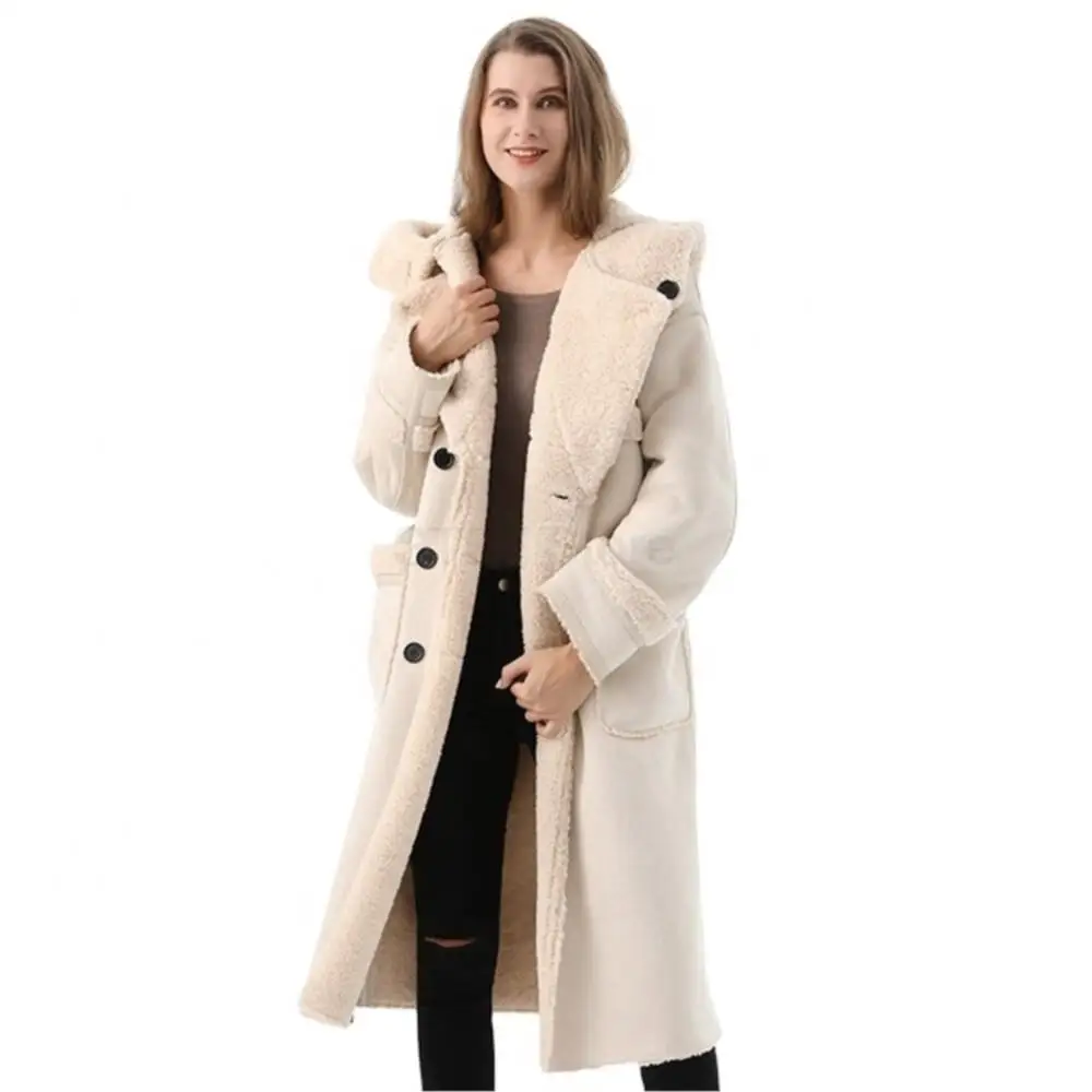 Women Winter Hooded Real Suede Fur Coat Turn Down Collar Double Breasted Long Coat Casual Pocket Women Belted Jacket