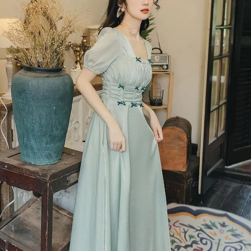 

2022 Women Summer Green Solid Sundress Short Sleeve Bodycon A-line Midi Dress Elegant Dresses For Female Tunic Vestido Casual