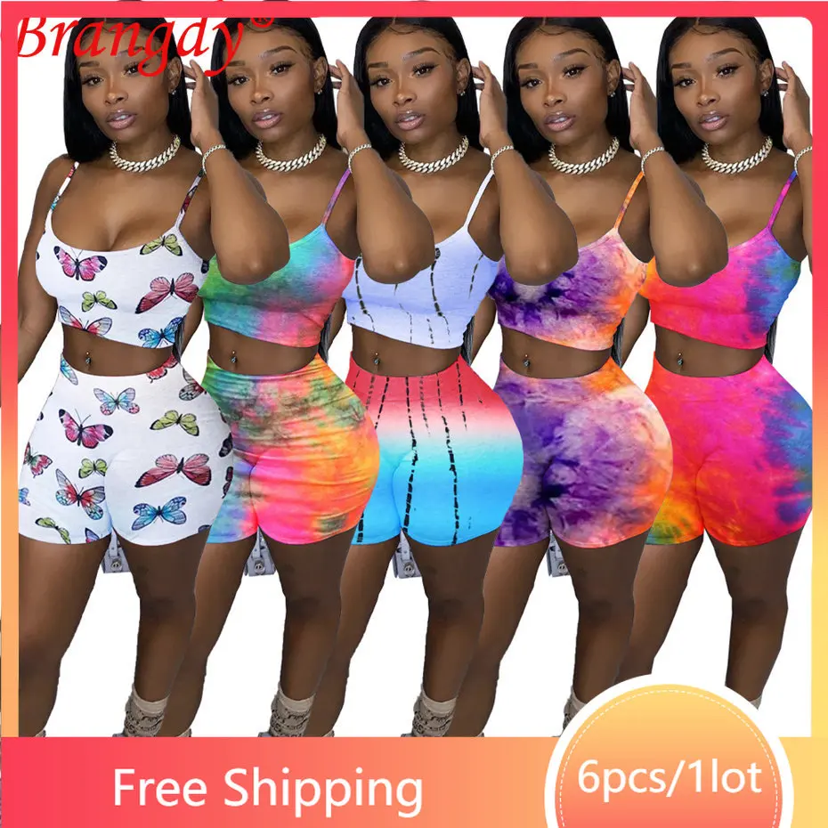 

6sets Bulk Items Wholesale Lots Summer Tracksuit for Women Sexy Sleeveless Tie Dye Print Vest Shorts Two Piece Set Outfits B6412