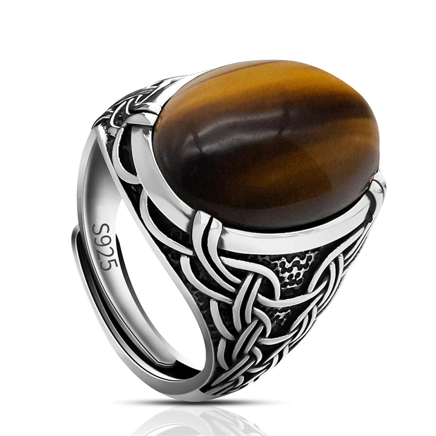 Genuine 925 Sterling Silver Open Size Ring Natural Tiger Eye