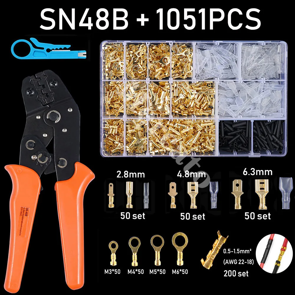 

135/540/1051PCS Male Female Spade Connector Wire Crimp Terminal Block with Insulating Sleeve Assortment Kit 2.8mm/ 4.8mm/6.3mm