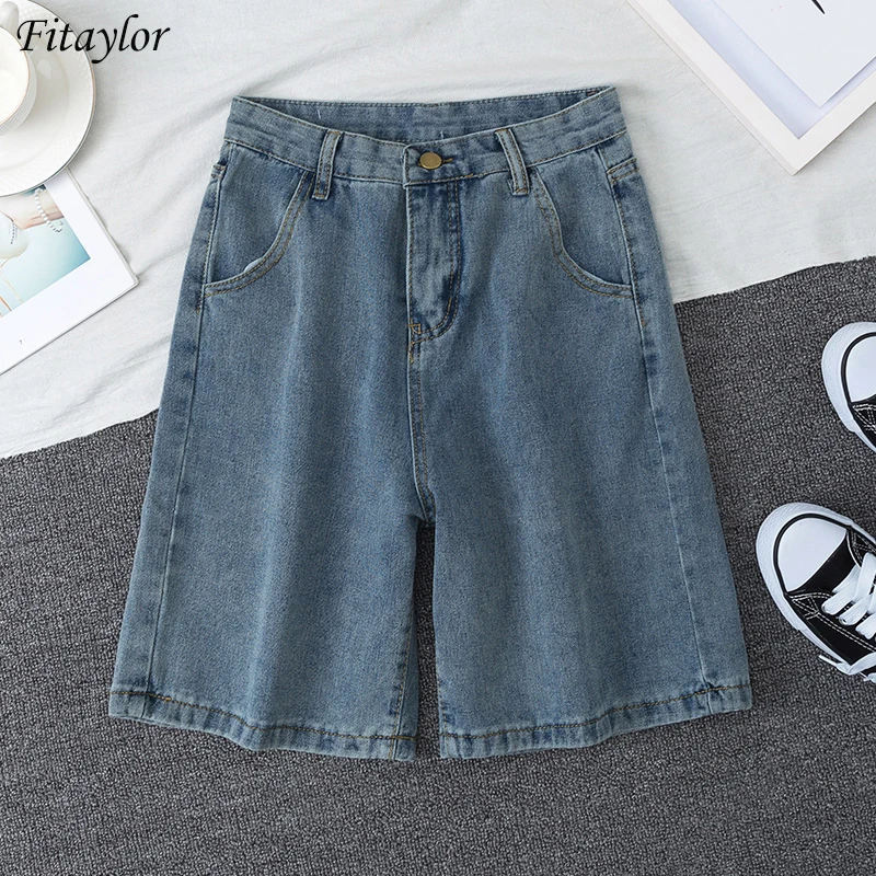 

Fitaylor 2022 New Summer Women High Waist Blue Wide Leg Denim Shorts Casual Female Solid Streetwear Stright Jeans Bermuda Shorts