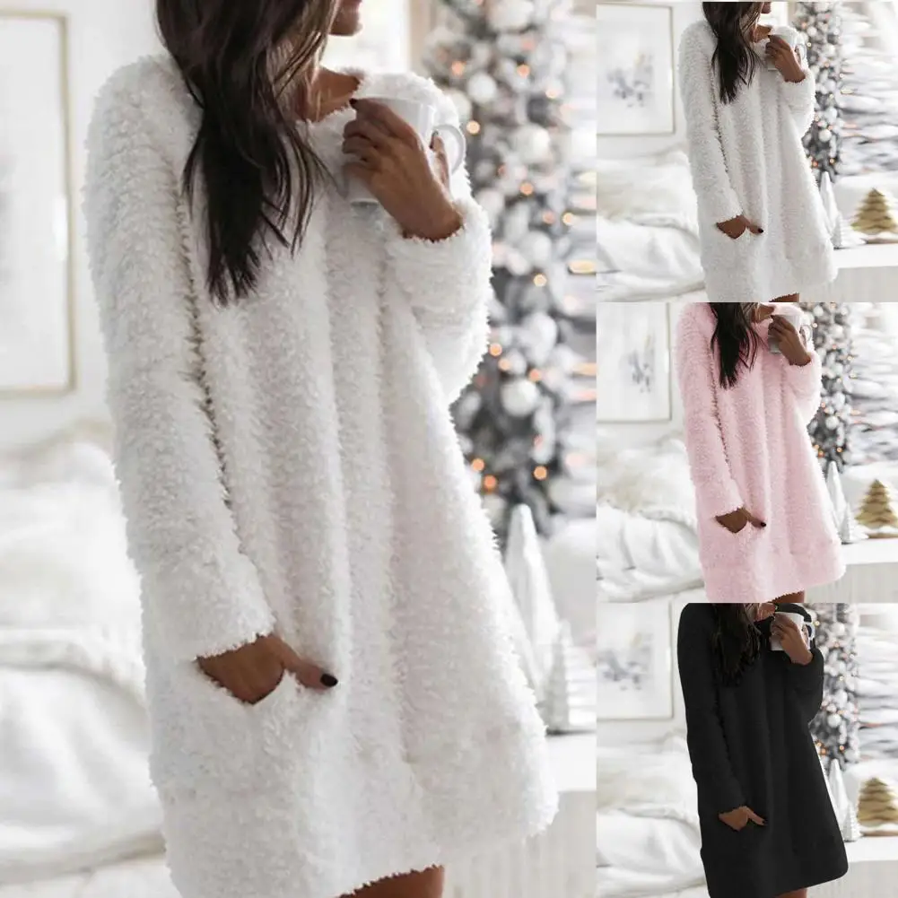 

Mini Elegant Dress For New Year 2022 Round Neck Long Sleeve Above Knee Length Women Winter Festival Plush Dress for Daily Dress
