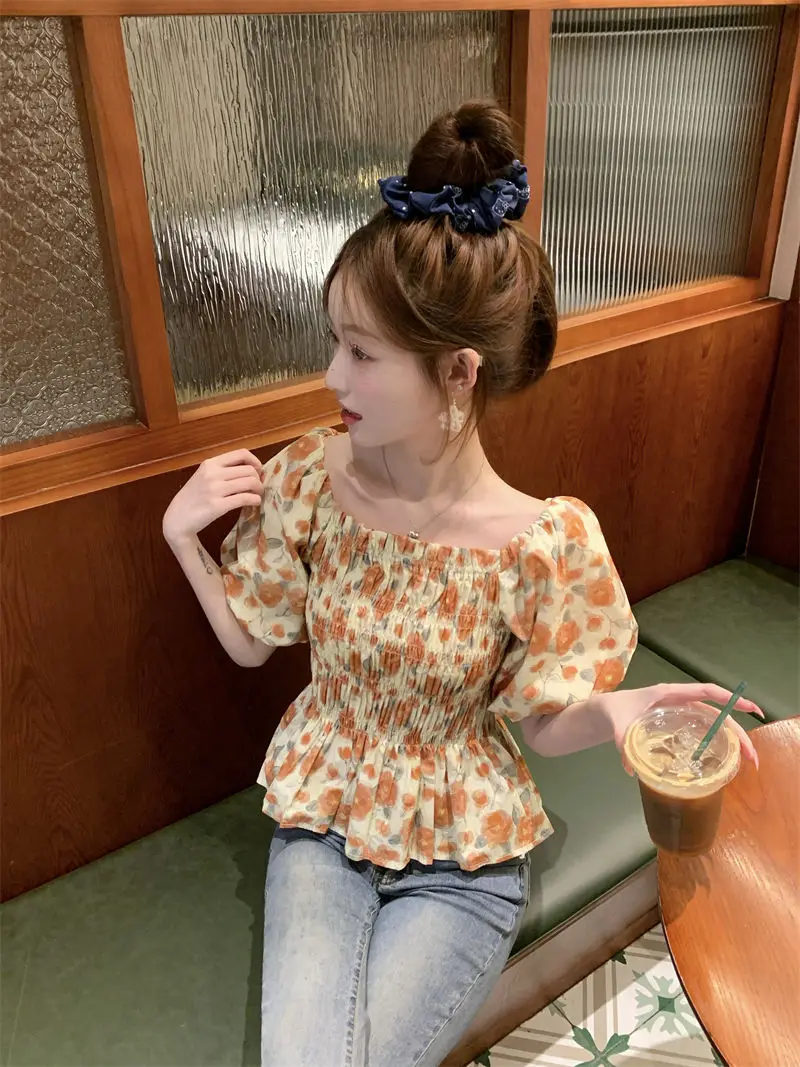 Блузки с цветочным принтом женские плиссированные топы квадратным воротником и