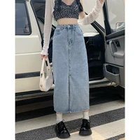 korean style high waist split mid length denim skirt womens thin solid color casual hips 2022 female fashion wild a line skirts