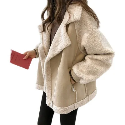 Женская зимняя куртка, шикарные пальто из искусственной замши с меховым воротником, мотоциклетные байкерские куртки авиатора, Женское пальто из овечьей шерсти, новинка 2022, пальто