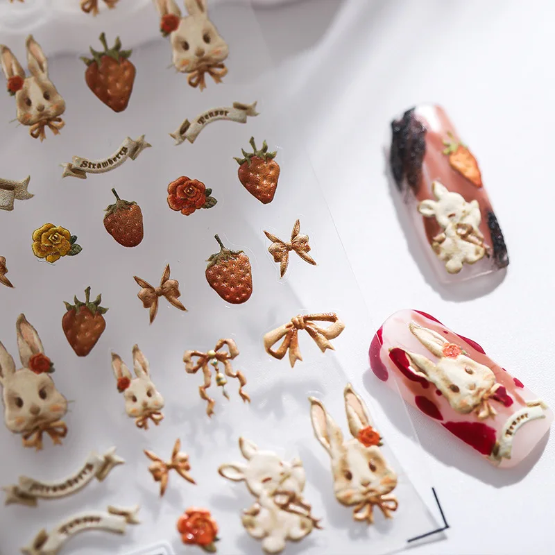 

One Pcs Nail Kawaii Art Stickers Retro Rabbit/Bow-tie/Flowers/Strawberry Shape Nail Decal 3D Self Adhesive Slider Press On Nails