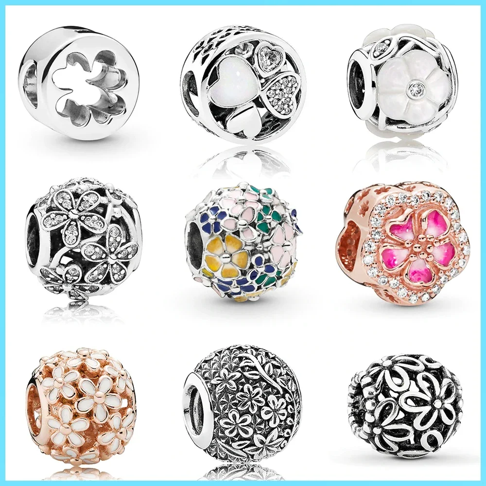 

Pan Family S925 Silver Bright Floral Strings Sterling Silver Beads Round White Pearls Bracelet DIY Beads Accessories
