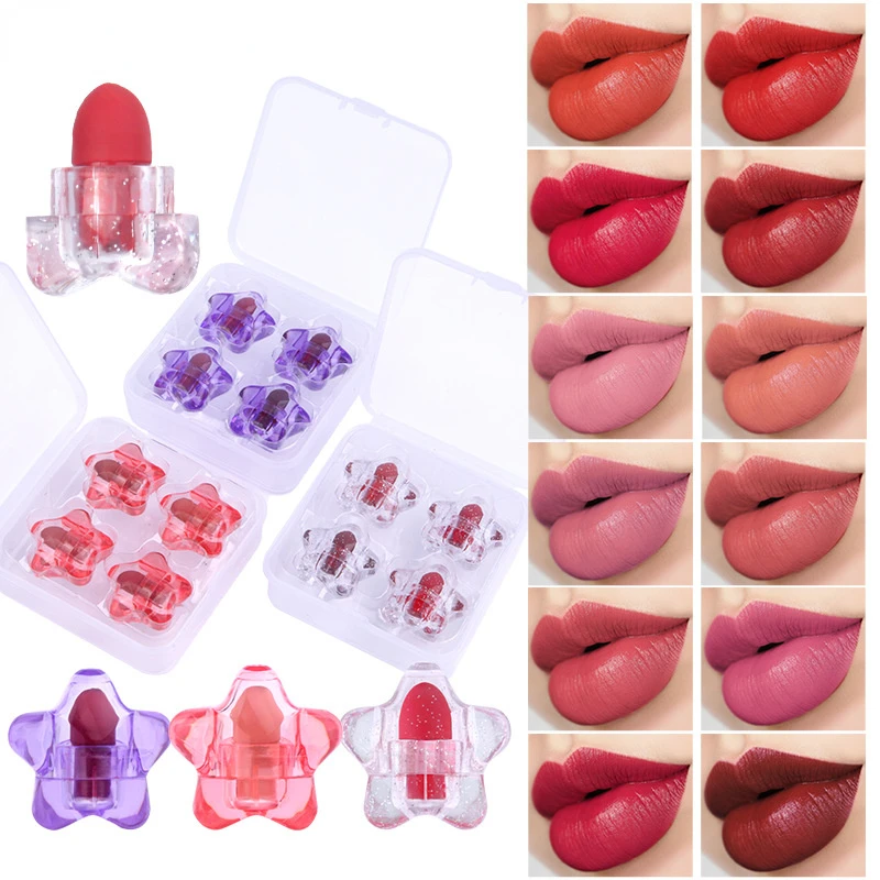 

4pcs Glitter Mini Lipstick Nourish Lip Gloss Longlasting Waterproof Non-Stick Cup Moisturizing Lipstick for Women Girls 12 Color