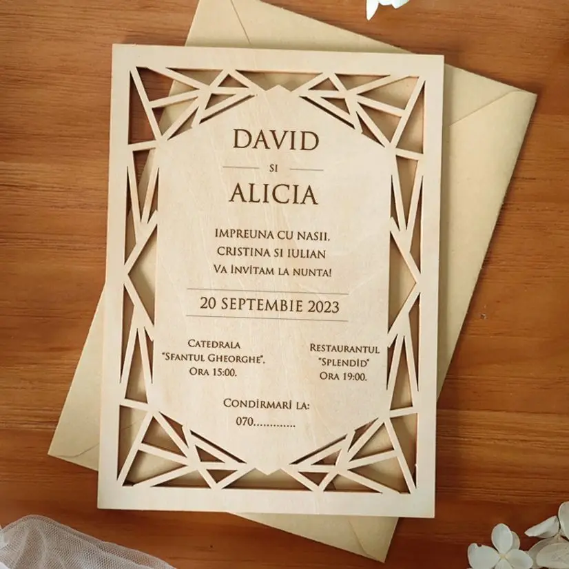 Personalized custom laser cutting engraving wooden invitation