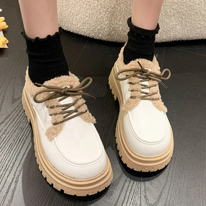 

Plush Small Leather Shoes Fashion Women's Cotton Shoes Thickened Soles Casual Warm Keeping Short Plush English Lefu Shoes