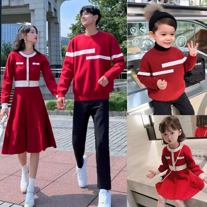 

New Christmas Family Matching Sets Winter Mom Daughter Knit Dress Dad Kids Sweaters Baby Romper Casual O Neck Knitwear Xmas Look