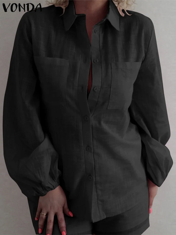 

VONDA Casual Shirts Women Elegant Long Sleeve Solid Color Tops 2023 Autumn Loose Cotton Blouse Buttons Vintage Blusas Femininas
