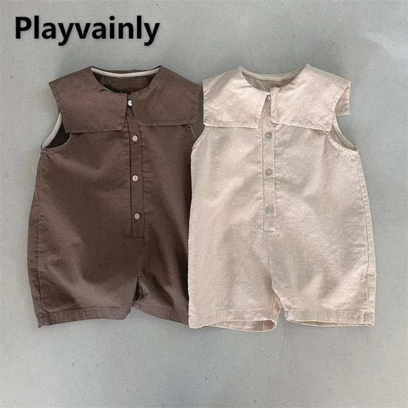 

Korean Style Summer Girl Boy Coffee/Apricot Sleeveless Single Breasted Large Lapel Jumpsuit Infant Casual Loose Clothes E25832