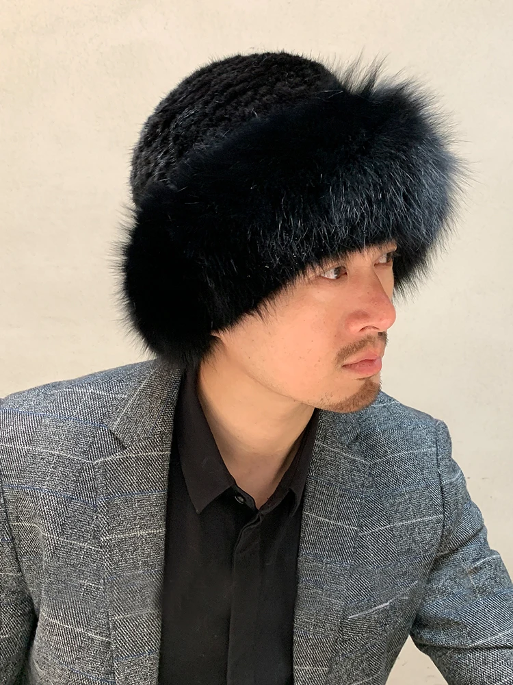 

Men's Real Mink Fur Hat Black Winter Warm Bucket Cap Fox Fur Brim Earmuffs Headgear Travel Ski Hunting
