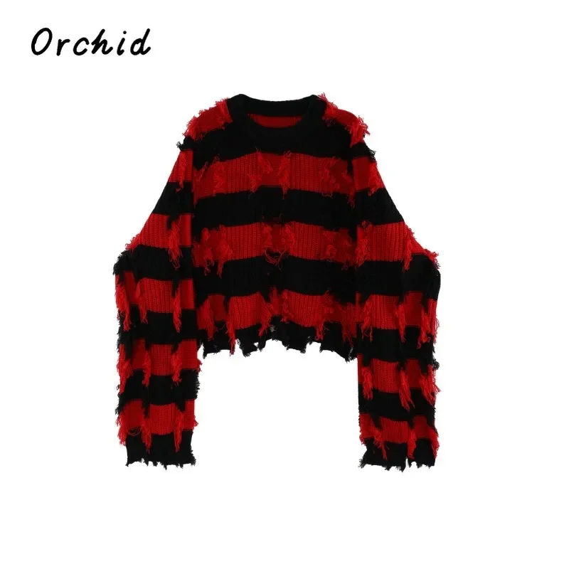 

American Retro Hotsweet Striped Fringe Trim Cropped Sweater for Women 2023 Autumn Winter Trendy Long Sleeve Pullover Knitted Top