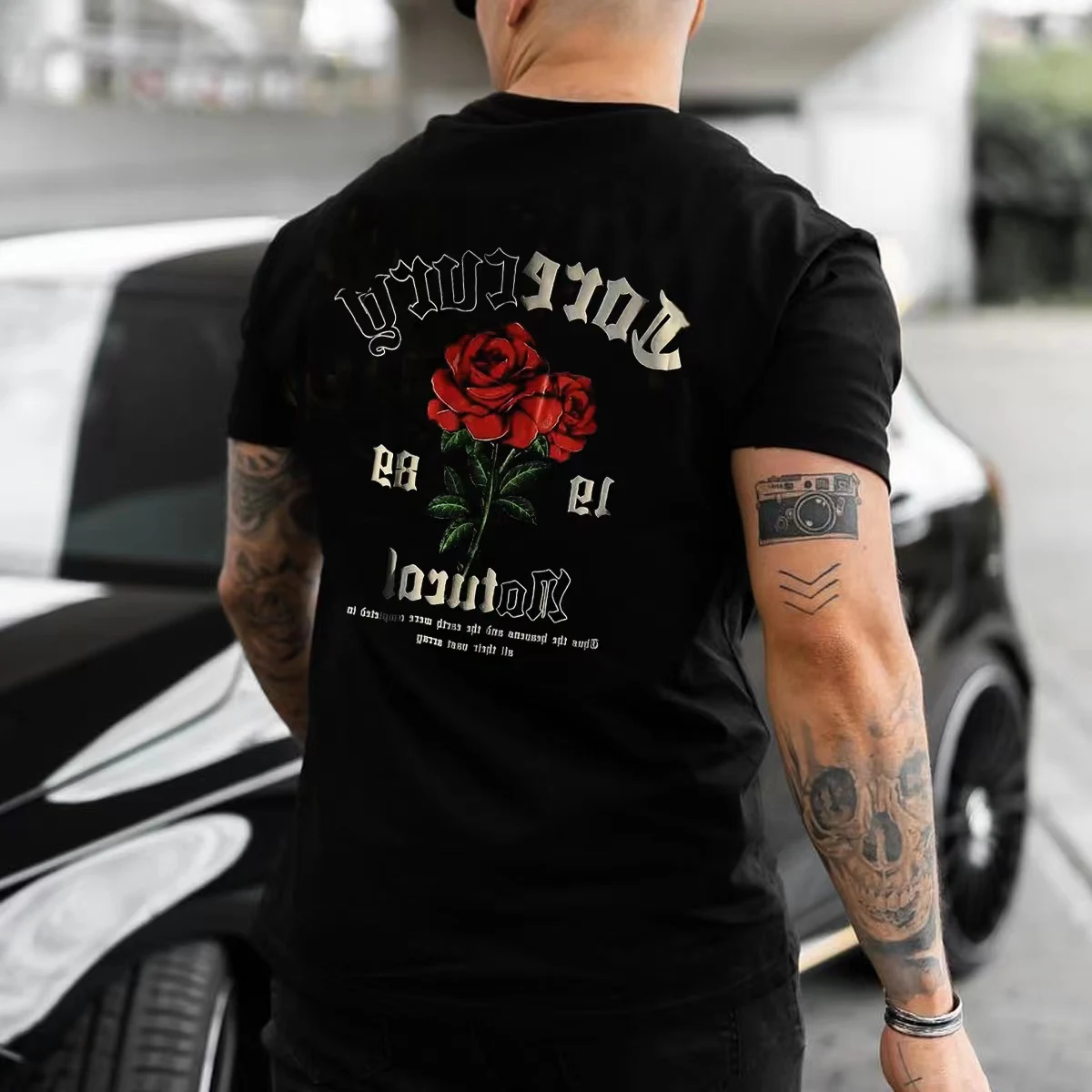 2022 Summer Street Style Rose Print Short Sleeve Mens T-shirts Casual Tops Tees