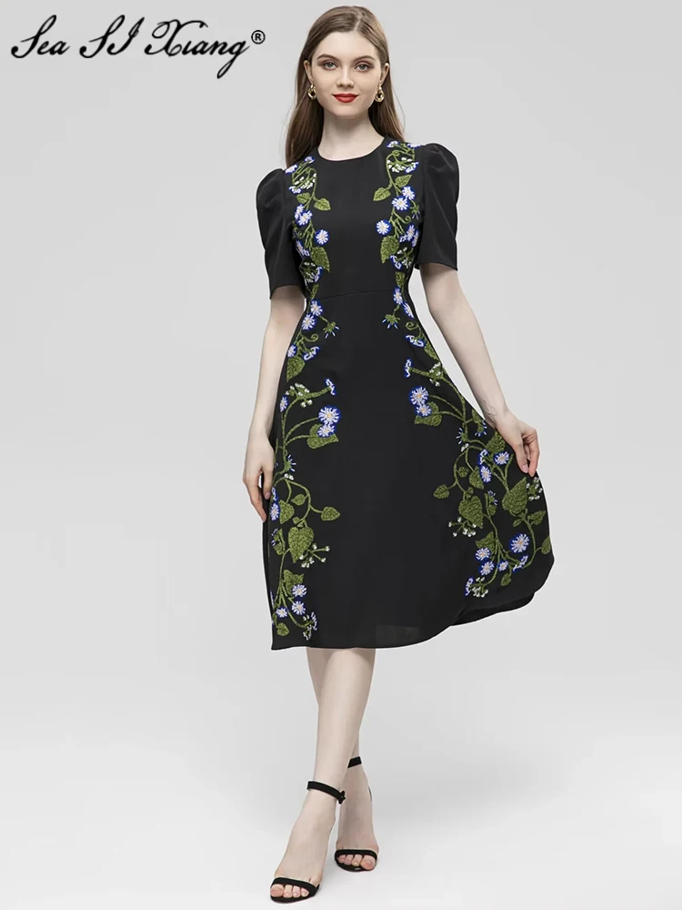 

Женское винтажное платье с круглым вырезом, коротким рукавом и цветочной вышивкой