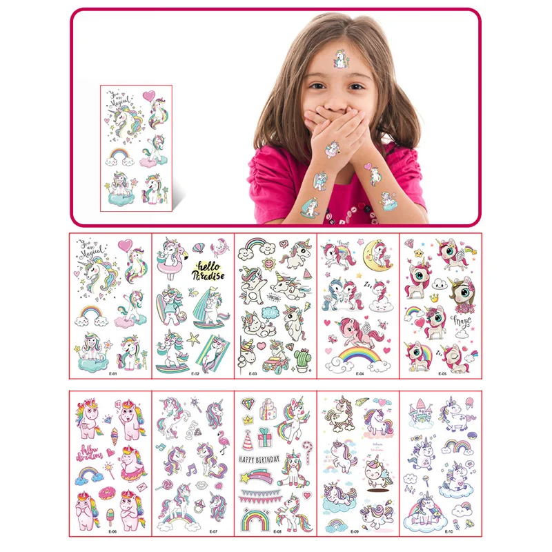 

10 Sheets/Set Fake Tattoo Stickers Cartoon Temporary Tattoos for Kids Arms DIY Body Art Cartoon Collection Unicorn