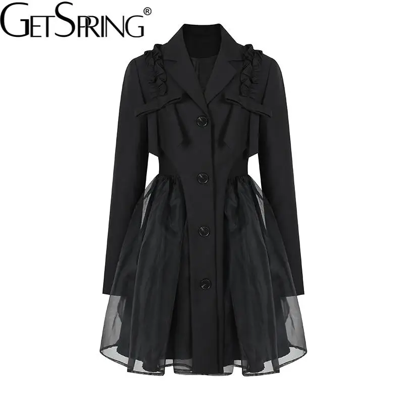 

Getspring Women Dress 2022 Vintage Notched Collar Long Sleeve Single Breasted Mesh Spliced Fashion Black Spring Mini Dress New
