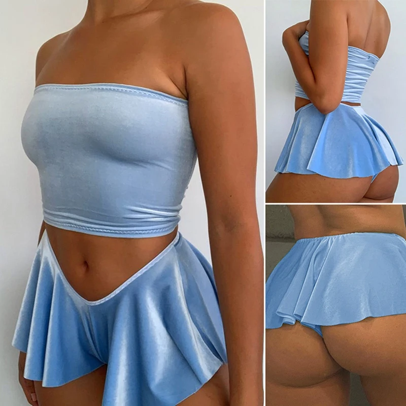 

ASDS-Sexy 2 Piece Set Blue Velvet Crop Tops And Skirt Shorts Summer Clothes For Women 2 Piece Club Outfits