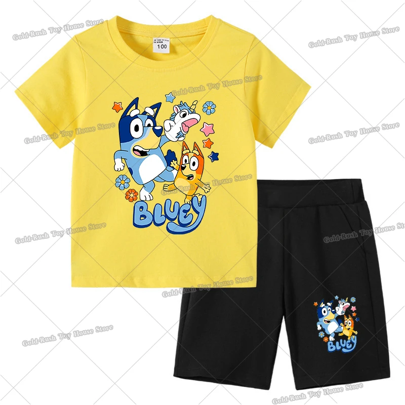 Фото Детский спортивный костюм Blueys с героями мультфильмов для девочек и мальчиков, комплект спортивной одежды, милая футболка с короткими рукавами и шорты, комплект из 2 предметов, детская летняя одежда №2
