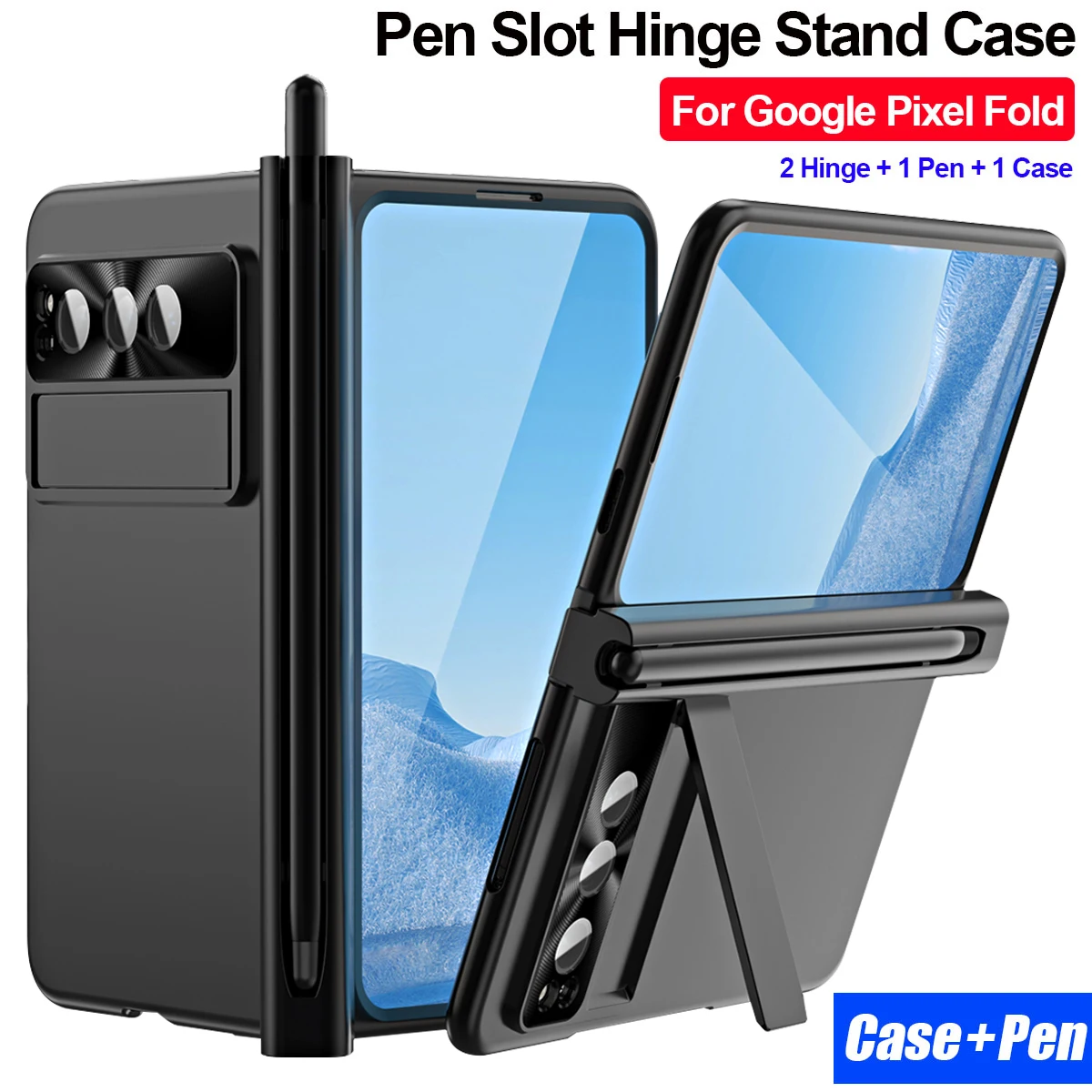 

With Touch Pen Kickstand Capa for Google Pixel Fold 5G Case 2 PCS Hinge Full Protection Front Screen Glass Hard Plastic Cover