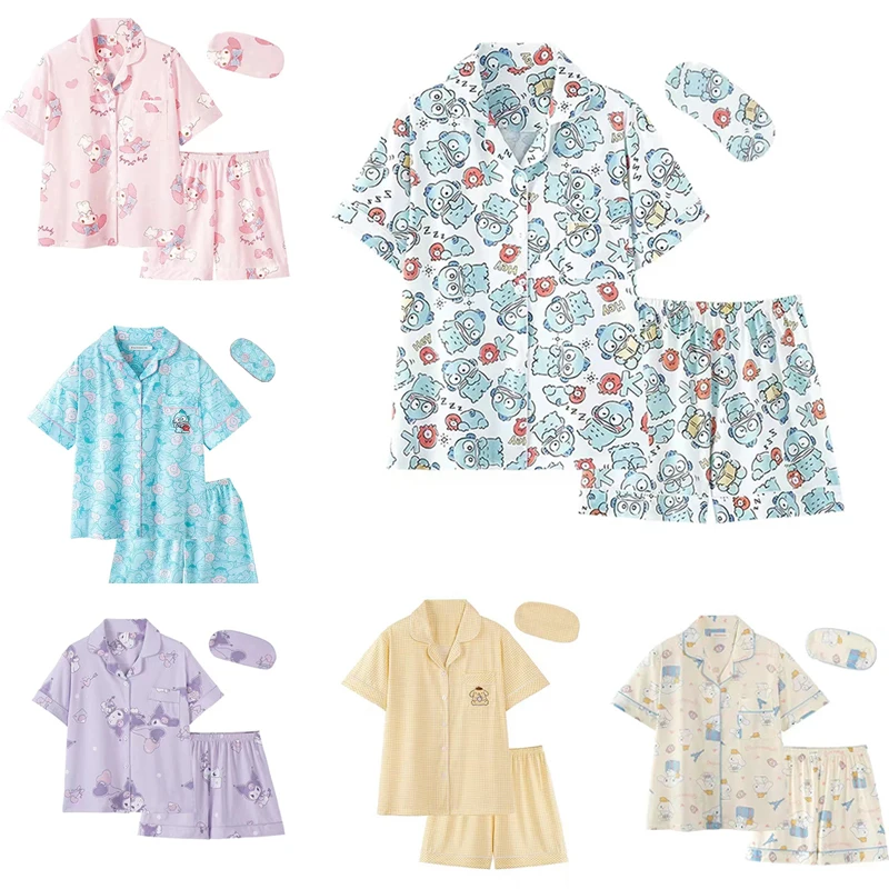 

Kawaii Sanrio Kuromi Girl Summer Short Sleeve Pajamas Two-Piece Cartoon My Melody Cinnamoroll Cotton Household Clothes
