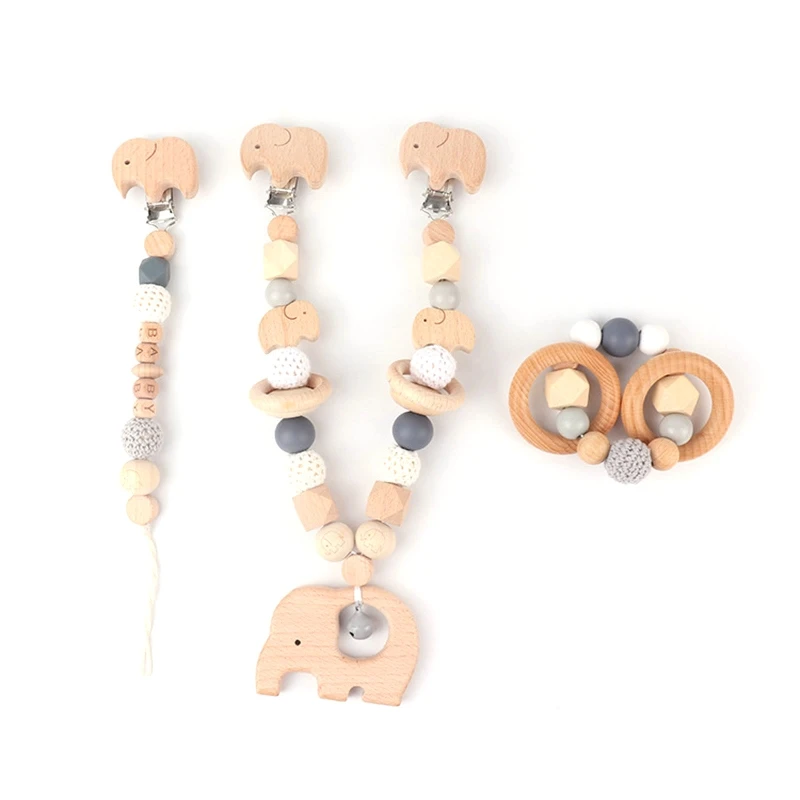 

3 Pcs/Set Baby Elephant Stroller Pendant Pram Clip Rattle Pacifier Chain Clip Infants Wooden Teether Bracelet Nursing Chewing