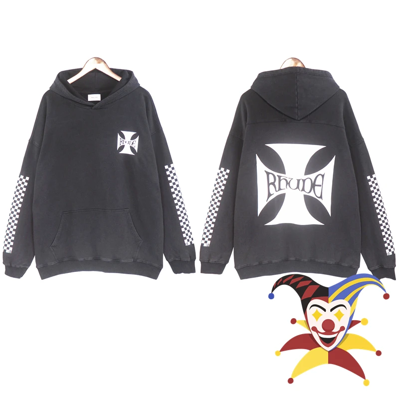 

Vintage Rhude Black Hoodie Men Women 1:1 Best Quality Washed Checkerboard Oversized Rhude Sweatshirts Pullover