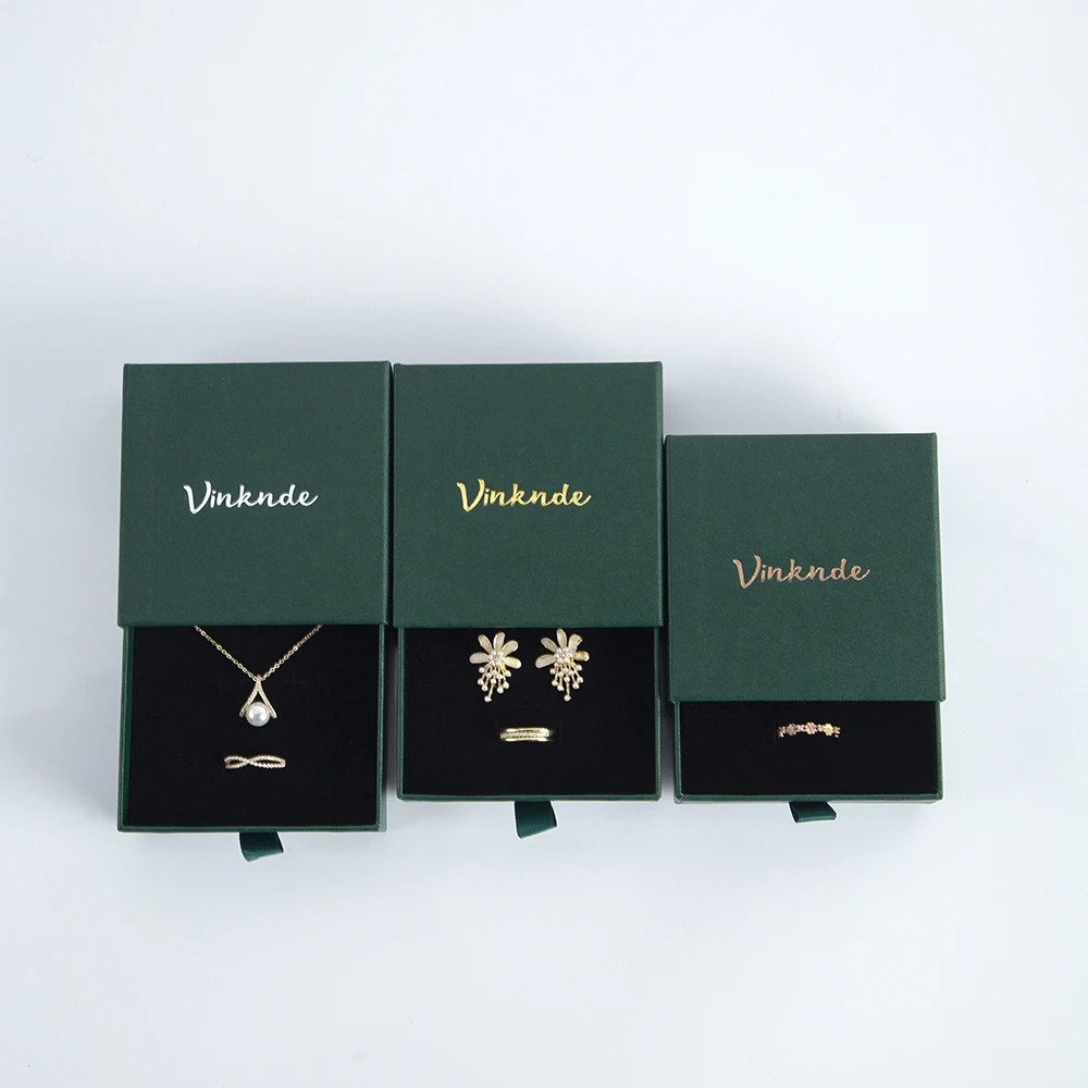 50 Custom Made White Black Green Exclusive Jewelry Packaging Box Ring Earrings Pendants Necklace Drawer Boxes for Wedding Gift