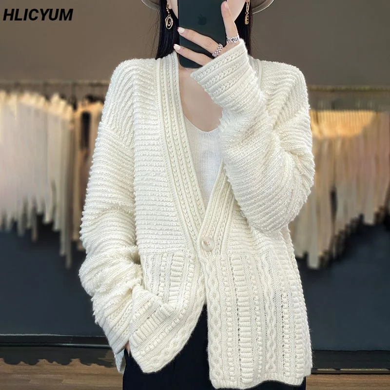 

Women's Cardigan 2023 Spring/Autumn 100% Sweater Casual Knit Loose Ladies Tops V Neck Overside Thickened One Button Blouse