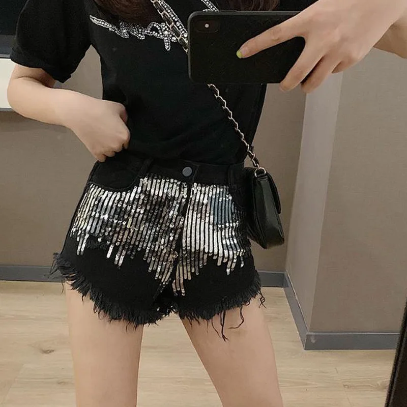 Summer New Embroidered Sequins Shorts High Waist Slim Solid Color All-match Denim Shorts Fashion Trend Women Clothing