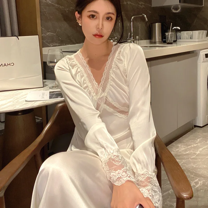 

2022 Ins Cheaper Long Dress Latest Spring Women's Pajamas Set V Design Luxury Like Home Clothes Large Size Nightwear Sexy
