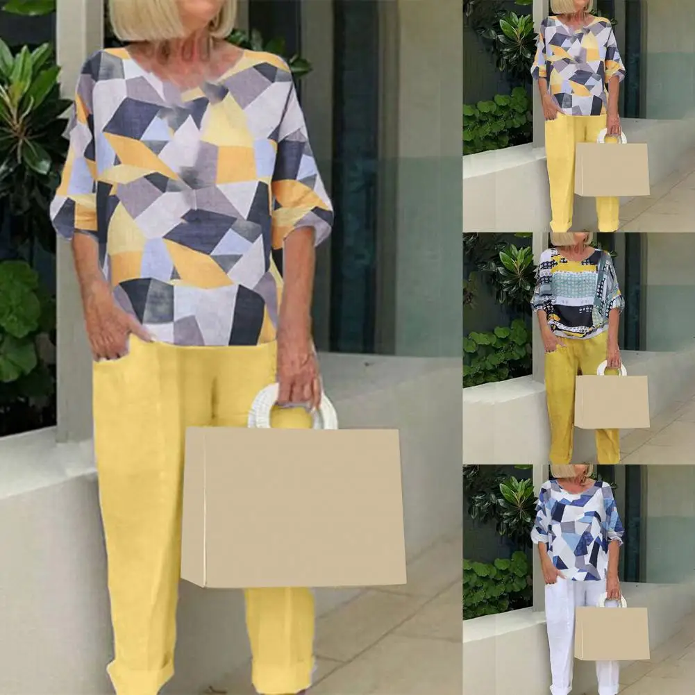 

Half Sleeve Deep Crotch Round Neck Summer Top Pants Set Daily Clothes