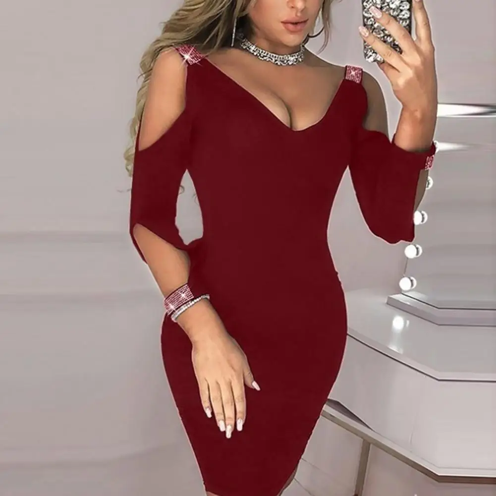 

Charming Mini Dress Pure Colors Above Knee Summer Rhinestones Shoulder Straps Women Pencil Dress
