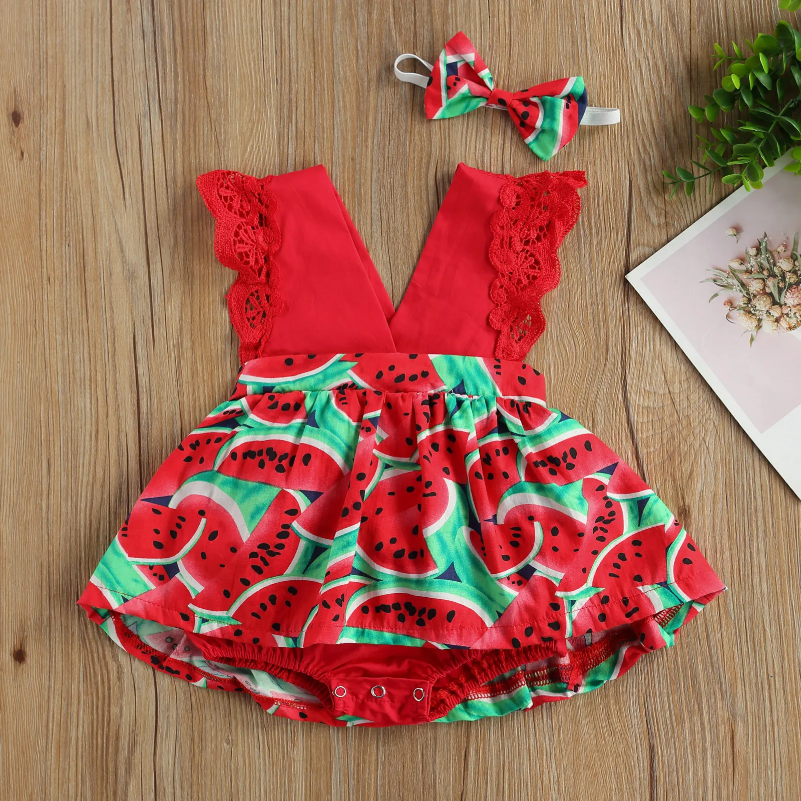 

Cute Infant Baby Watermelon Print Clothes Set Girls Sleeveless Deep V-neck Short Jumpsuit + Bow-knot Headband