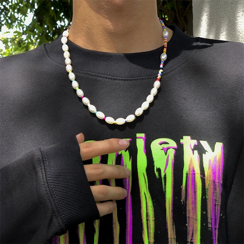 

Boho Style Pearl Tandem Colorful Rice Bead Necklace Hip Hop Trend Men's Stitching Necklace Anniversary Gift Jewelry Dropshipping